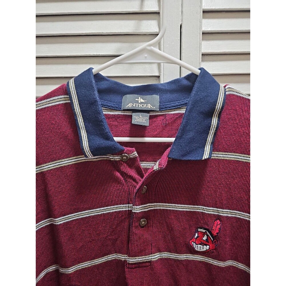Cleveland Indians Chief Wahoo Mens Antigua Polo Shirt sz. L Mlb Navy Red Stripes - Picture 3 of 8